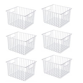 Freezer Basket Organizer, Refrigerator Metal Wire Storage Divider, Household Container Bins with Handles for Kitchen, Pantry, Cabinet, Closets - Pearl White (6, 11in x 10in x 5.5in)