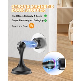 Crosize Magnetic Door Stoppers 6 Pack, Stainless Steel Door Stops for Wall and Floor Mounting, Door Holder Keep Door Open, No Drilling Door Stop with 3D Adhesive Tapes, Black