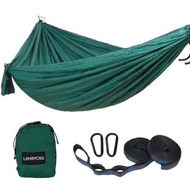 Camping Hammock Double & Single Portable Hammocks Ultralight Nylon Parachute Hammocks with 2 Tree Straps for Backpacking, Travel, Beach, Backyard, Camping, Hiking (Medium, Green Black)