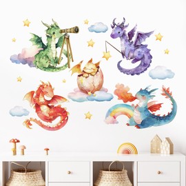 Mfault Baby Dragon Wall Decals Stickers, Watercolor Dragon Eggs Decoration Nursery Kids Bedroom Art, Rainbow Cloud Stars Neutral Toddler Girls Boys Playroom Living Room Decor