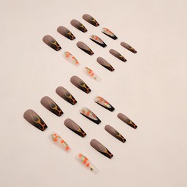 Fall Press on Nails Long, LPOODDNU Maple Leaf Press on Nails Gold Flame French Tips False Nails with Designs, Retro Autumn Glue on Nails for Women, 24Pcs Long Coffin Fall Fake Nails Kit