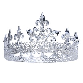 Medieval Theater Full King's Gold-Plated Metal Crown Rhinestone Crystal Fleur-De-Lis Men King H919 (Silver-Tone)