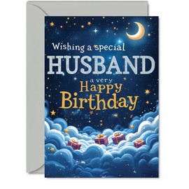 Husband Birthday Card - Starry Night Moon Clouds - Happy Birthday Card for Husband from Wife Partner, 5x7 Inch Male Bday Greeting Cards