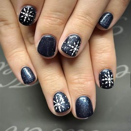 Vokupoga Christmas Press on Nails Short Square Fake Nails Black False Nails with Snowflake Designs Glitter Artificial Nails Christmas Glue on Nails Cute Xmas Stick on Nails for Women 24Pcs