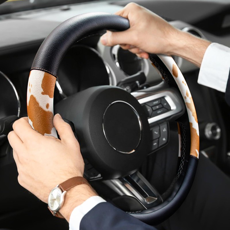 Cow Print Car Steering Wheel Covers, Breathable Microfiber Leather for