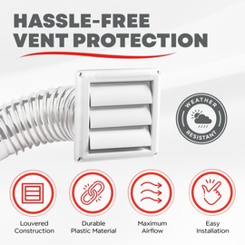 Deflecto Supurr-Vent Louvered Weather-Resistant Outdoor Plastic Dryer Vent Cover for 4 inch Pipe, UV Protection for Maximum Airflow Efficiency & Long-Lasting Durability | 6 inch x 6 inch Size | White