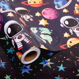 Altarho Reversible Outer Space Wrapping Paper Roll For Boys Girls - Mini Roll - 17In x 20Ft First Trip Around The Sun and Stars Gift Wrap Galaxy Art Paper for Baby Shower Birthday Party Packing Supplies