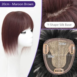 Nature Straight Human Hair Topper Y-Shape 10x11cm Silk Base Clip in Head Top Hairpiece With Wispy Bangs Middle Part Wiglet for Women (20cm Maroon Brown)