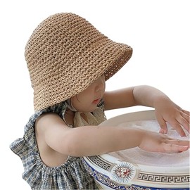 Girls Sun Hat Plain Color Folding Breathable Short Brim Crochet Khaki Straw Hat with Lace Strap Spring Summer Fall Beach Headgear Travel Photography Camping Costume Accessories for 2-6 Years Old Kids