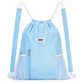 WANDF Drawstring Backpack with Shoulder Pad Sport Gym Backpack with Mesh Pockets String Bag for Women Men (Blue)