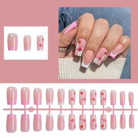 Flower Fake Nails, 24pcs Flower False Nails with Glue, High Glossy Square Press on Nails Long Lasting, Summer Flower Pink Artificial,3D Medium Long Art Decoration Home Manicure