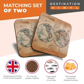 Great Coasters (Set of 2) Square/Glossy Quality Coasters/Tabletop Protection for Any Table Type - World Hemispheres Vintage Style Map #14392