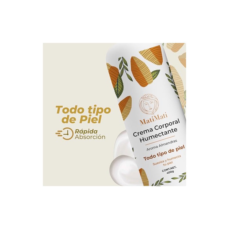 Crema Corporal Humectante Aroma Almendras MatiMati Para manos, Suavidad, Ligera,