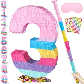 PCFING 20 Inch Number 3 Piñata Rainbow Candy Color with 30 Inch Piñata Stick Blindfold Confetti for Boy Girl Kids Birthday Party Decorations, Anniversary Celebration, Fiesta