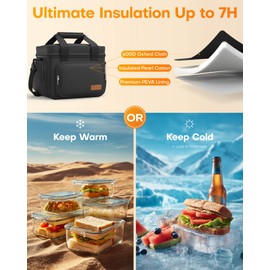 HOTOR Lunch Box for Men and Women - Leak-Proof Insulated Lunch Cooler Bag with Adjustable Strap, Multiple Pockets for Office, Picnic, Hiking, Beach, 1 Layer, Black, 11.0" x 7.1" x 8.3"