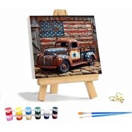 VIGEGU Truck Paint by Numbers Kit for Adults with Frame,American Flag Paint by Number for Beginner with Wooden Easel DIY Adult Paint by Number Kits for Home Decor 12x12inch