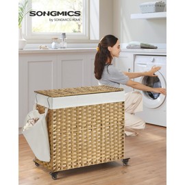 SONGMICS Laundry Hamper with Lid, 37 Gallon (140L), Rolling Laundry Basket with Wheels, 3-Section Synthetic Rattan Laundry Hamper, Removable Liner, Bedroom, 26x13x26 Inches, Natural ULCB363N01
