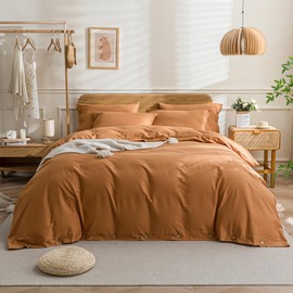 JELLYMONI Cotton Duvet Cover Full Size - 100% Washed Cotton Linen Like Textured Comforter Cover, 3 Pieces Breathable Soft Bedding Set with Button Closure (Burnt Orange, Full 80"x90")