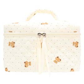 PAZIMIIK Quilted Makeup Bag Large Travel Zipper Soft Cosmetic Case for Women Girls Make Up,Gauze Bear