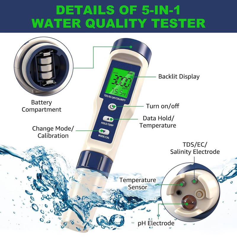 Pool Salt Tester & PH Meter - 5-in-1 Digital TDS
