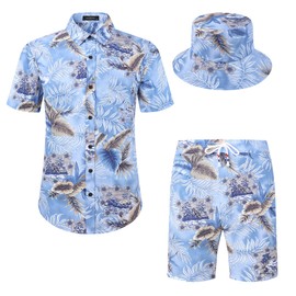 MCEDAR Men's Hawaiian Shirt and Short 2 Piece Vacation Outfits Sets Casual Button Down Beach Floral Suits with Bucket Hats(Light blue 12015,5XL)