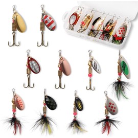 10pcs Fishing Lure Spinnerbait for Bass Trout, Colorful Hard Metal Baits Kit for Bass Trout and More, Salmon Hard Metal Spinner Baits Kit with Tackle Boxes