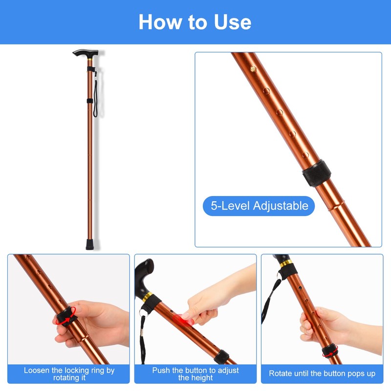 supregear Folding Cane, 5-Level Adjustable Height Walking Stick Lightweight Collapsible