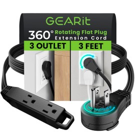 GEARit 360 Rotating Flat Plug Extension Cord (3ft, Black) Multi 3-Outlet Extension 16 AWG Wire, Adapter for Small Spaces, Right Angle Socket, ETL Certified - 3 Feet