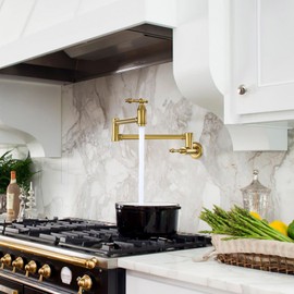 ARCORA Pot Filler Faucet, Traditional Brushed Gold Pot Filler Wall Mount Commercial Stove Faucet with Double Joint Swing Arms Brass Kitchen Pot Faucet