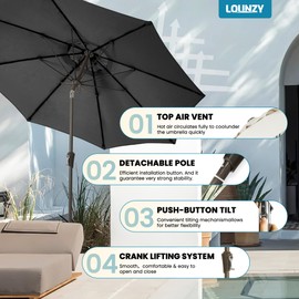 LOUNZY 9FT Large Outdoor Patio Umbrella Table Umbrella-UV Resistant,Easy Push Button Tilt and Crank,8 Sturdy Fiberglass Ribs Pool Umbrella for Patio,Backyard,Deck,Yard,Market,Black