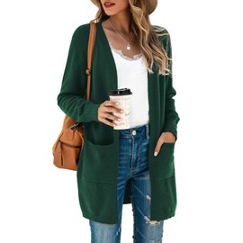 TASAMO Women's Long Sleeve Soft Sweater Open Front Cardigan Outwear with Pockets (Medium,Dark Green)