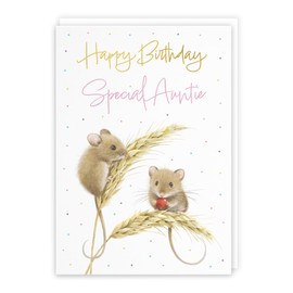 Hunts England - Cute Harvest Mice Auntie Gold Foil Birthday Card For Her - A5 Size - Adorable Mouse On Wheat, Colourful Nature Design - Happy Birthday Card For Women - Milo's Gallery