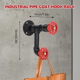 Tissting Industrial Pipe Red Handwheel Coat Hook Rack Heavy Duty Rustic Clothes Towel Holder Hanger Hat Robe Towel Wall Mounted Holder Hanger with Hardware for Home, Office(C Style)