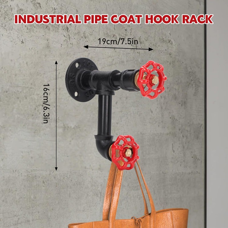 Tissting Industrial Pipe Red Handwheel Coat Hook Rack Heavy Duty