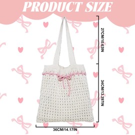 Leseogye Crochet Pink Bow Tote Bag, Mesh Beach Bags for Women, Aesthetic Summer Beach Bag, Boho Shoulder Bag for Travel, Shopping and Daily Use