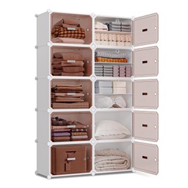 MAGINELS 5 Cube Storage Cabinet,Large Clothes Storage Organizer with Doors,Expandable Plastic Standing Storage Organizer Shelves,Use to Closet,Bedroom,Livingroom,White(11.8x11.8inch)