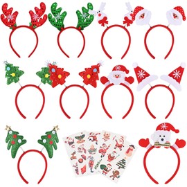 Faburo Pack of 10 Christmas Headband Hair Accessories Christmas Decoration with Christmas Stickers for Christmas Party for Adults and Children