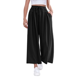 ZJCT Wide Leg Palazzo Pants for Women Summer Beach Pants Flowy Loose Casual Lounge Pajama Yoga Pants with Pockets Black M