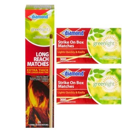 Generic Diamond Strike On Box Matches 300 Count 2 Pack + Diamond Long Reach Matches 75 Count 1 Pack Total 675, Greenlight