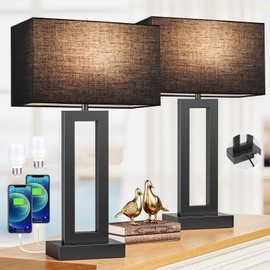 22" Tall Living Room Lamps for Night Stands - Touch Bedside Lamp with USB C+A, 3 Way Dimmable Bedroom Lamps for End Tables Set of 2, Modern Night Stand Lamps for Bed Side(Black&Black)