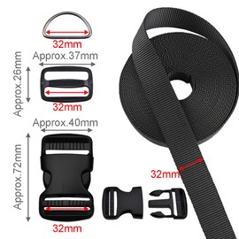 Juego de correas de hebillas de 1.25 pulgadas, 6 yardas de 1.25 pulgadas, correa de nailon negro, 6 piezas de hebilla de plástico de liberación lateral rápida, doble ajustable, 12 piezas de clip deslizante de triple deslizamiento, 12 piezas de anillos en