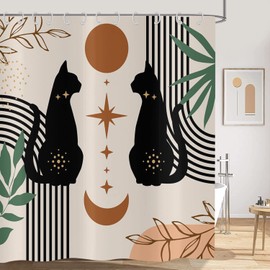 Hnmdmyi Boho Shower Curtain, Mid Century Abstract Black Cat Leaf Moon Star Beige Bath Curtain Modern Terracotta Aesthetic Art Waterproof Polyester Fabric Washable Bath Curtain 180 x 180 cm