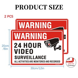 Acuxiaza 2 Pieces 24 Hour Video Surveillance Signs 20x30cm Aluminum Reflective CCTV in Operation Sign Security Camera Warning Signs Waterproof, UV Resistant, Easy to Install