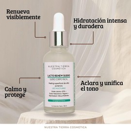 Nuestra Tierra Cosmetica Lacto Renew Suero Facial Despigmentante con Ácido Láctico 10%, Ácido Hialurónico Vegano, Para Uso Nocturno, 35ml