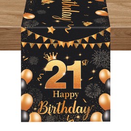 Lemicin 21st Birthday Table Runner - 14 x 84 Inch Birthday Table Decorations for Girls Boys Black Gold Happy Birthday Table Runner for Birthday Party Dinner Decor