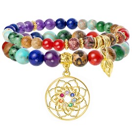 Bivei Beaded Bracelets Lotus OM Yoga Crystal Healing Stone Bracelet 7 Chakra Natural Reiki Semi Precious Gemstone Stretch Bracelets Set for Women Meditation Anxiety Stress Relief Jewelry(Chkra Lotus)