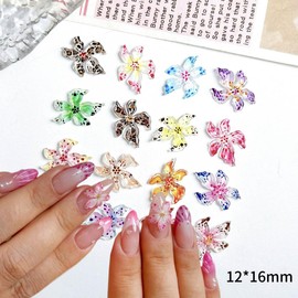 50Pcs Flower Nail Charms Mixed 3D Resin Nails Jewelry Gradient Colorful Design Jelly Lily Flowers Nail Rhinestones Hibiscus Floral Nails Gems for Women DIY Spring Summer Manicure Art Decorations