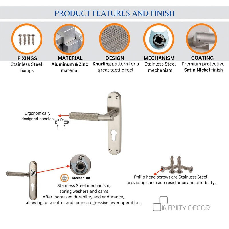 Infinity Decor Satin Nickel Knurled Euro Lever Lock Door Handle