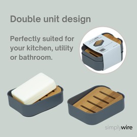 simplywire – Pack of 2 – Plastic Soap Dishes with Natural Slanted Bamboo Shelf – Bathroom Soap Holders - Grey