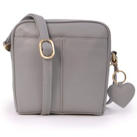 Gigi - Ladies Small Leather Crossbody Bag - Handbag With Long Adjustable Shoulder Strap - With Heart Keyring Charm - Othello 22-29 - Light Grey